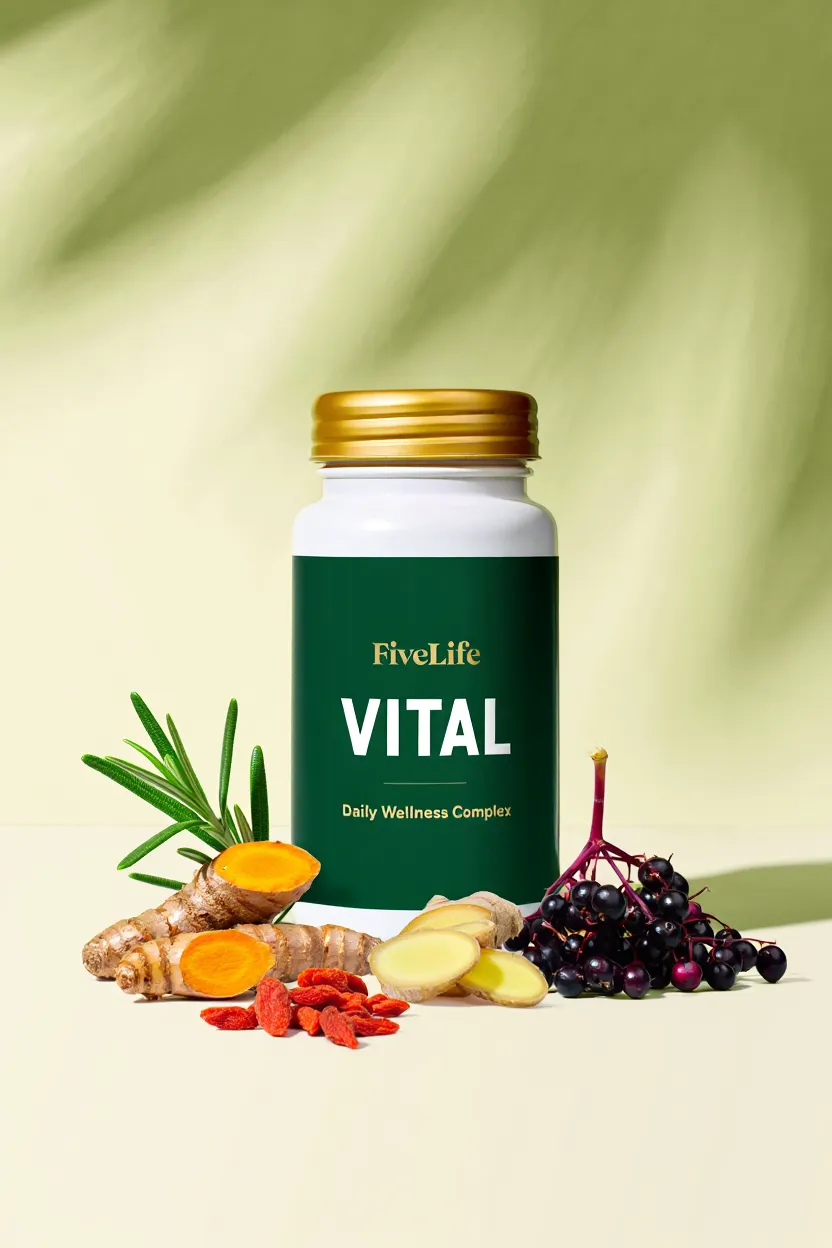FiveLife Vital supplement bottle with natural ingredients